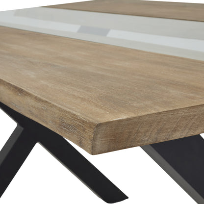 Vouvant Live Edge Light Acacia Wood and Glass Dining Table Cross X Black Metal Frame