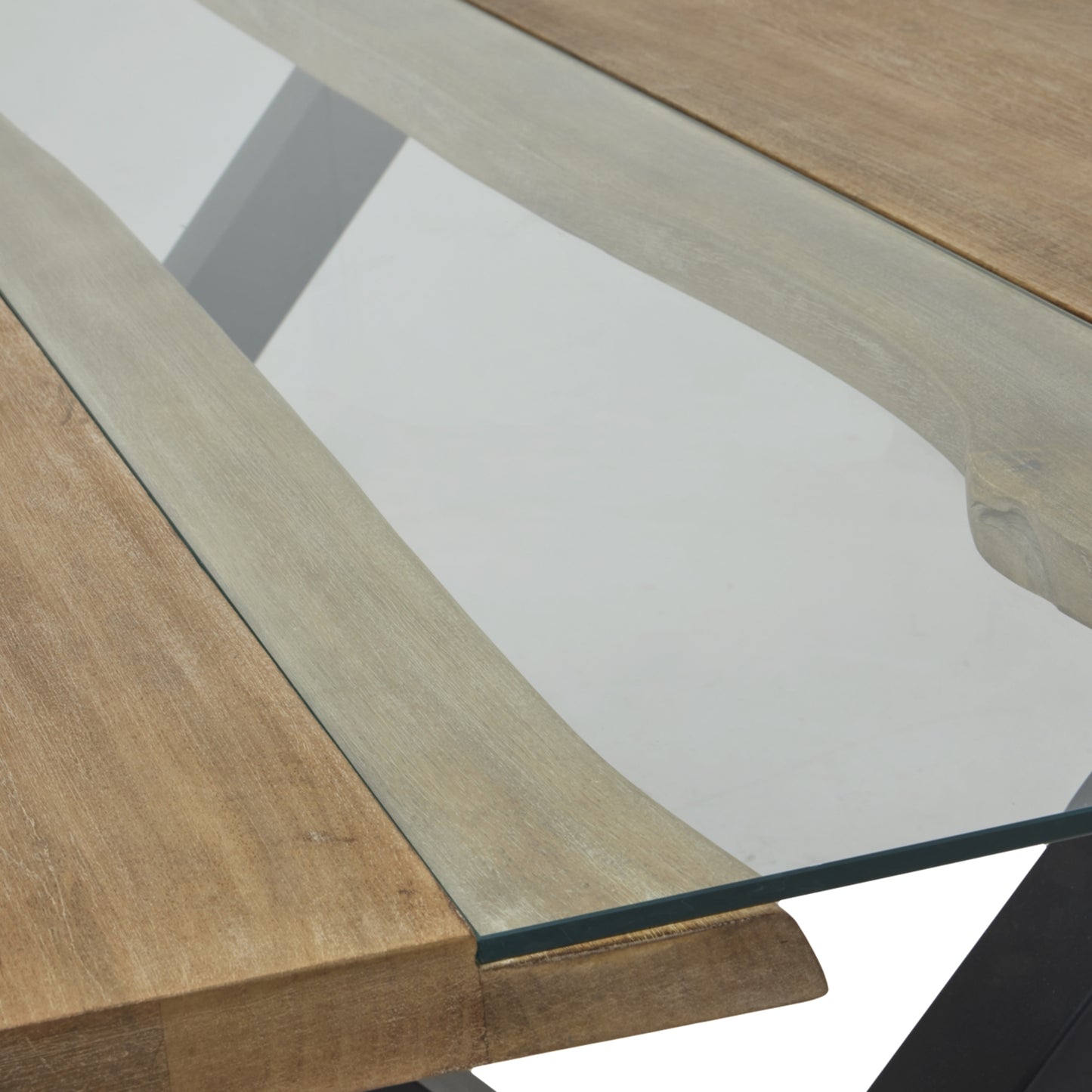 Vouvant Live Edge Light Acacia Wood and Glass Dining Table Cross X Black Metal Frame