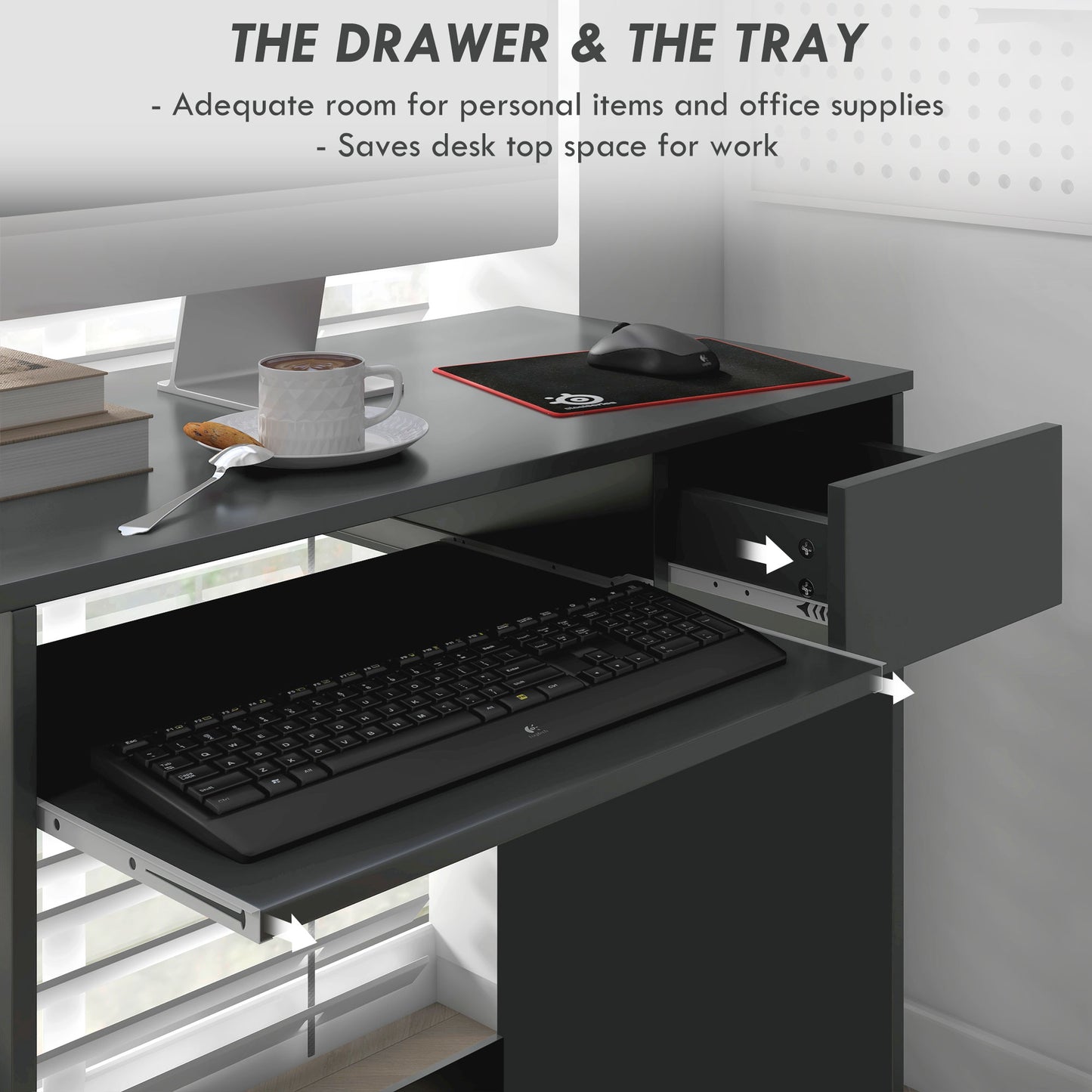 Rami 80cm Grey Compact Study Desk With Keyboard Tray And Drawer Storage