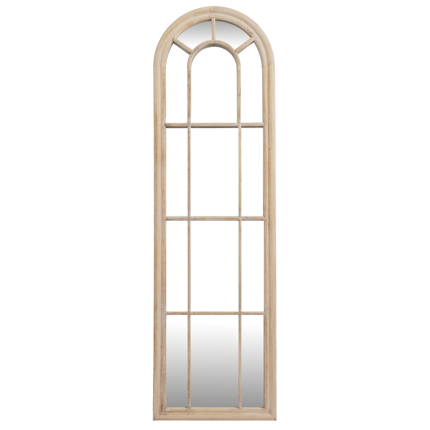 Slim Tall Natural Wood Arched Panel Window Mirror