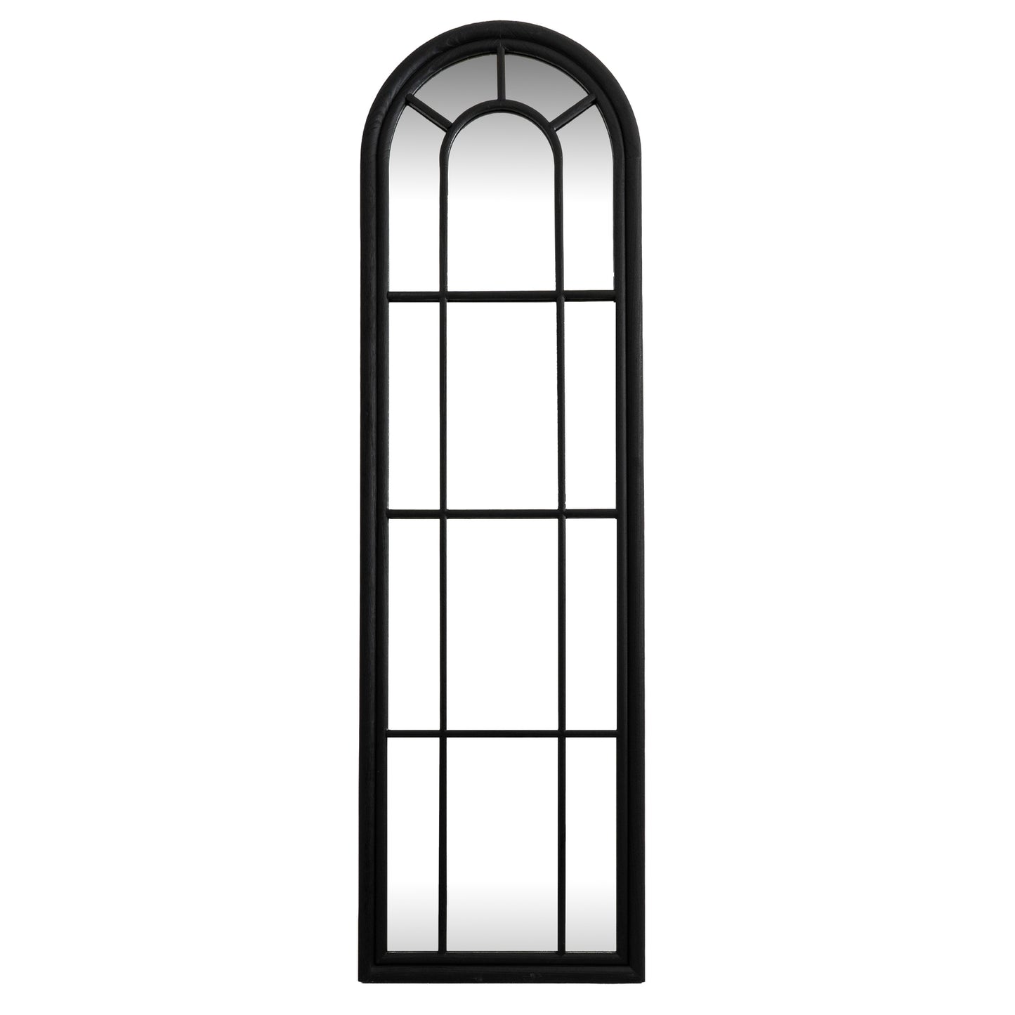 Slim Tall Black Wood Arched Panel Window Mirror