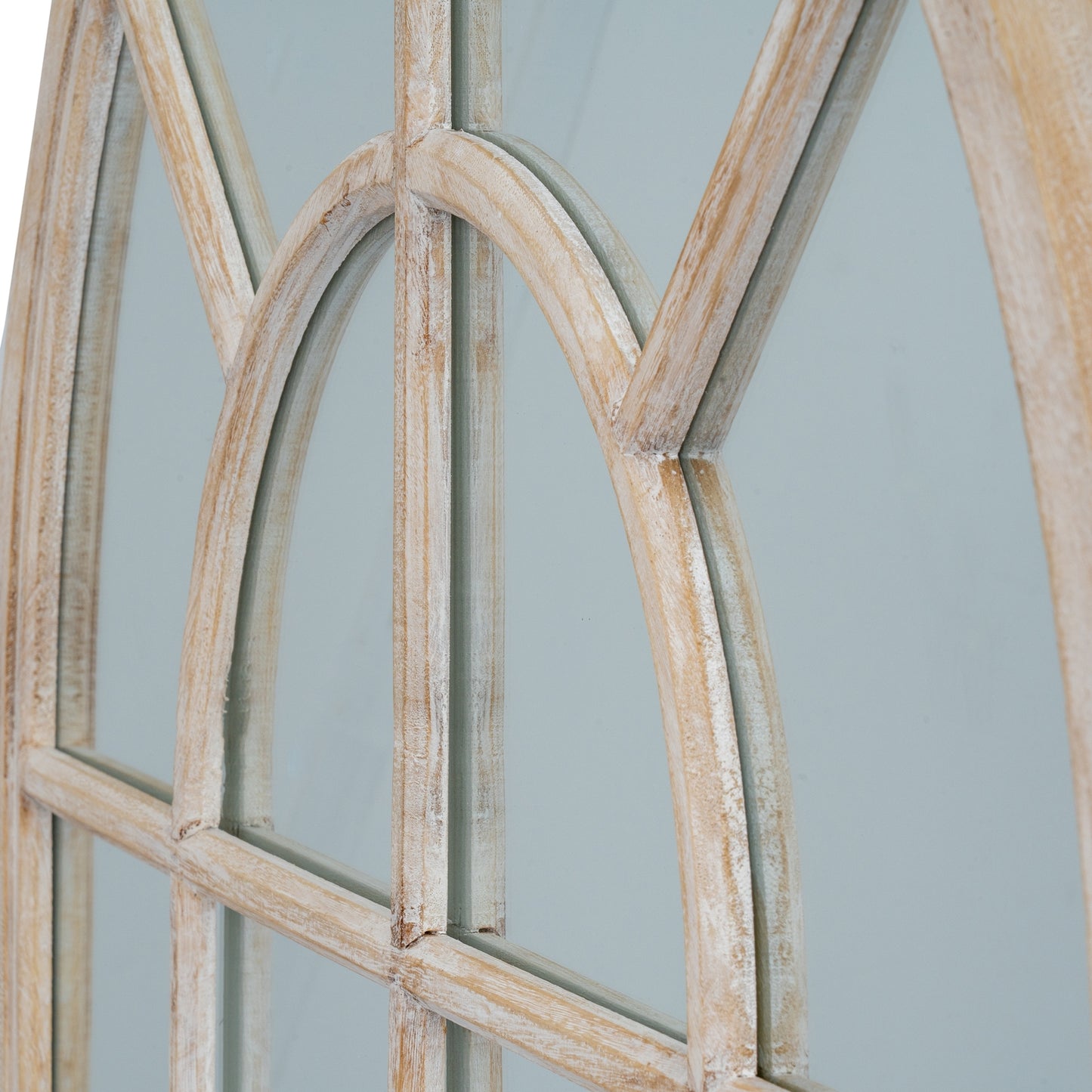 Large Natural Industrial Arched Wooden Windowpane Mirror
