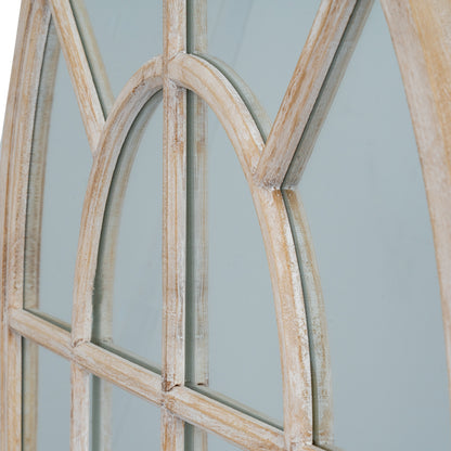 Large Natural Industrial Arched Wooden Windowpane Mirror