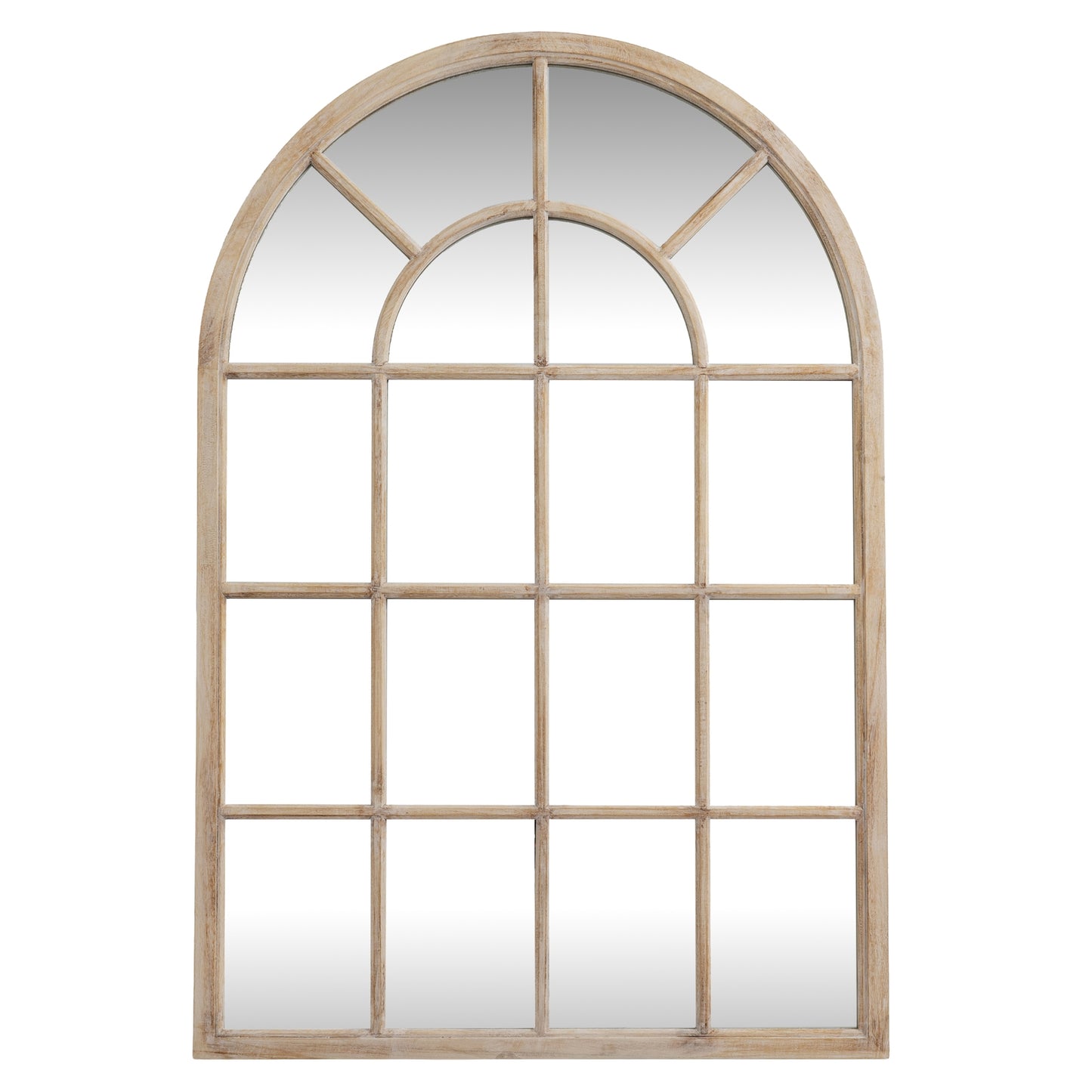 Large Natural Industrial Arched Wooden Windowpane Mirror