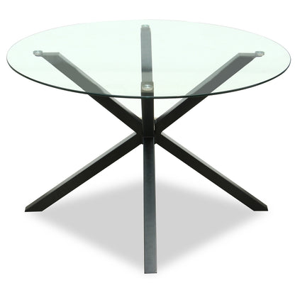 Saignon Round Glass Dining Table industrial Cross X Black Metal Legs