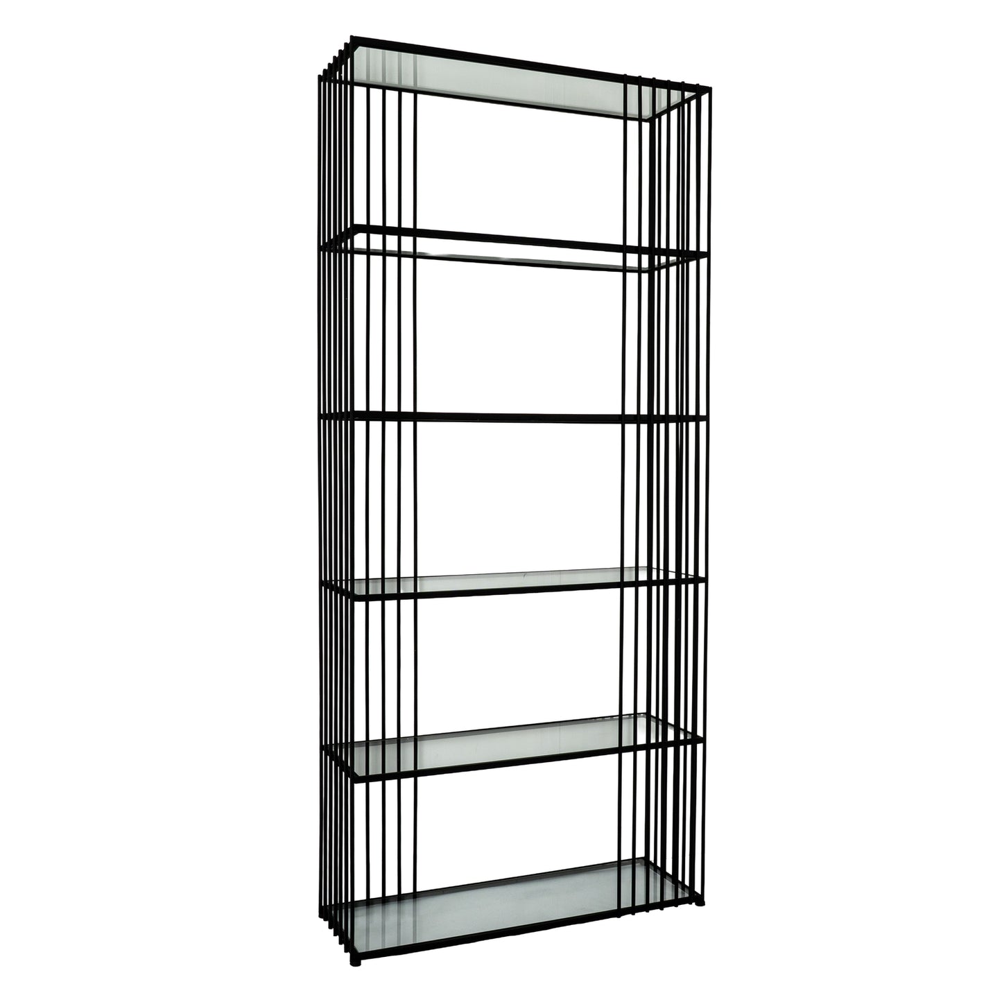 Memphis Minimalist Black Metal Slim Shelving Unit With Glass Shelves