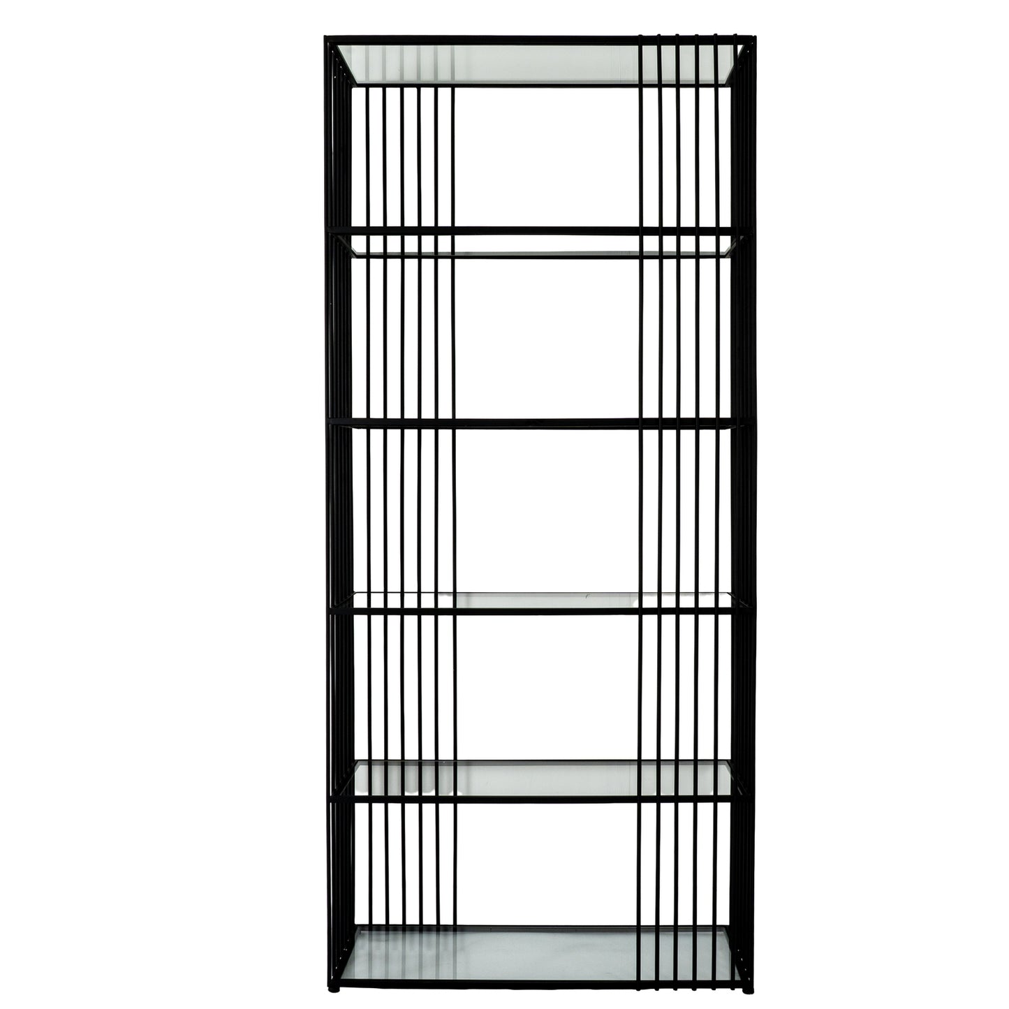 Memphis Minimalist Black Metal Slim Shelving Unit With Glass Shelves
