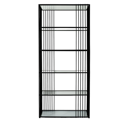 Memphis Minimalist Black Metal Slim Shelving Unit With Glass Shelves