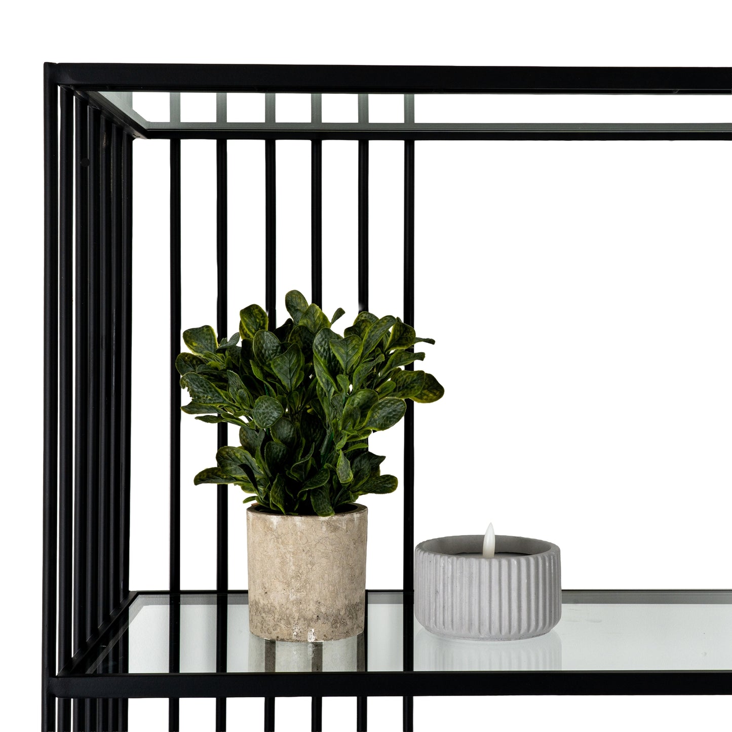 Memphis Minimalist Black Metal Slim Shelving Unit With Glass Shelves