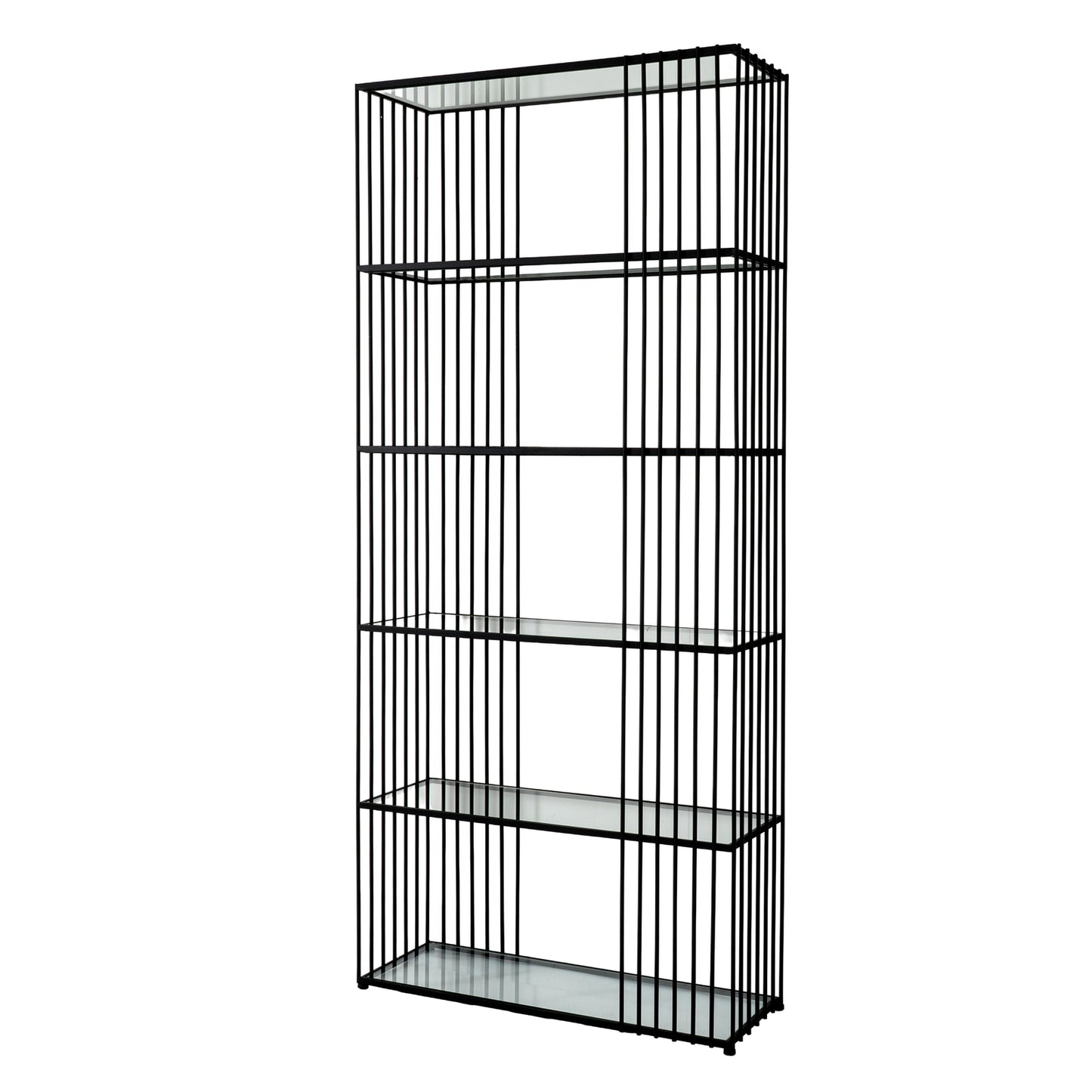 Memphis Minimalist Black Metal Slim Shelving Unit With Glass Shelves