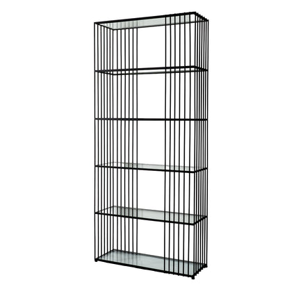 Memphis Minimalist Black Metal Slim Shelving Unit With Glass Shelves