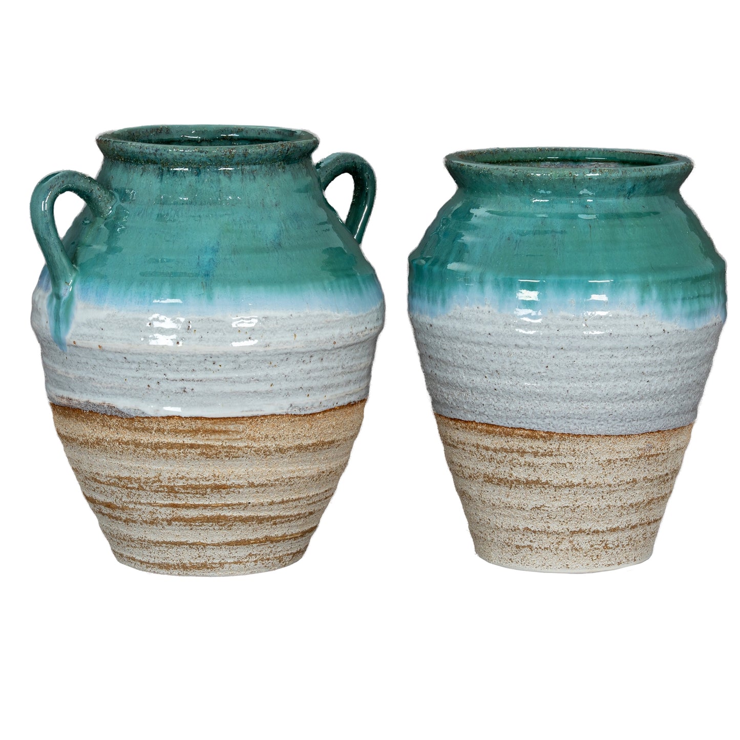 Rustic Ombre Turquoise Blue and Sand Glazed Ceramic Vase with Handles