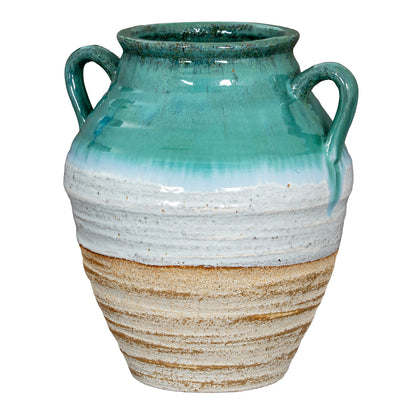 Rustic Ombre Turquoise Blue and Sand Glazed Ceramic Vase with Handles