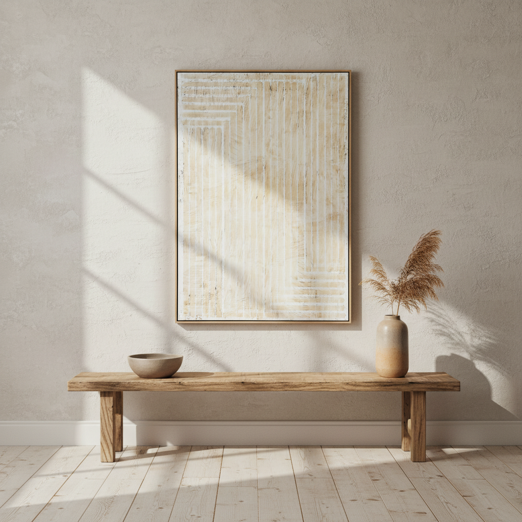 Papingo Neutral Cream Hand Painted Lines Canvas In Frame