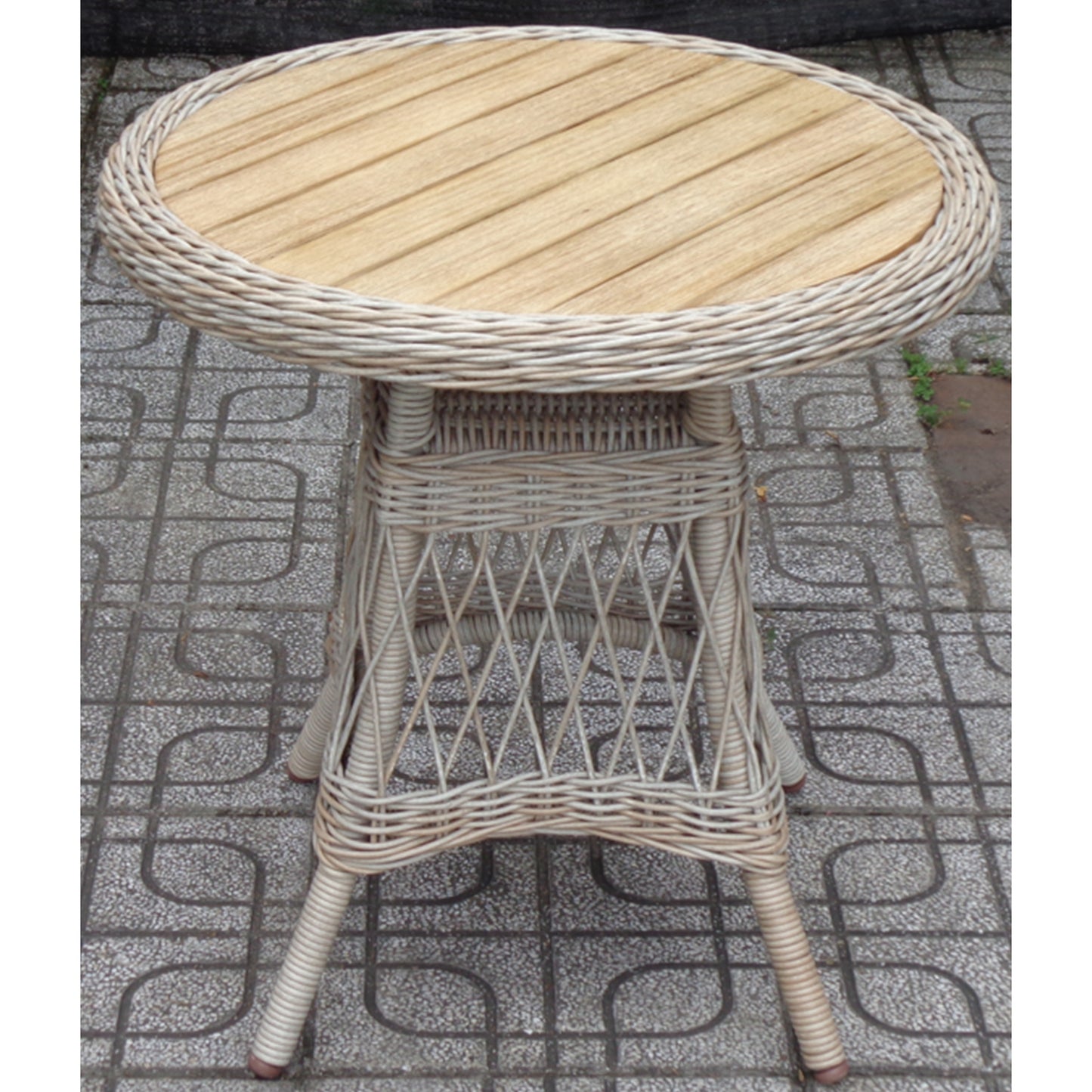 Santorini Round Cream Wicker Side Table with Wooden Top