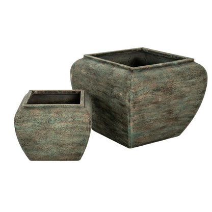 Set Of 2 Aged Green Concrete GardenPlanters