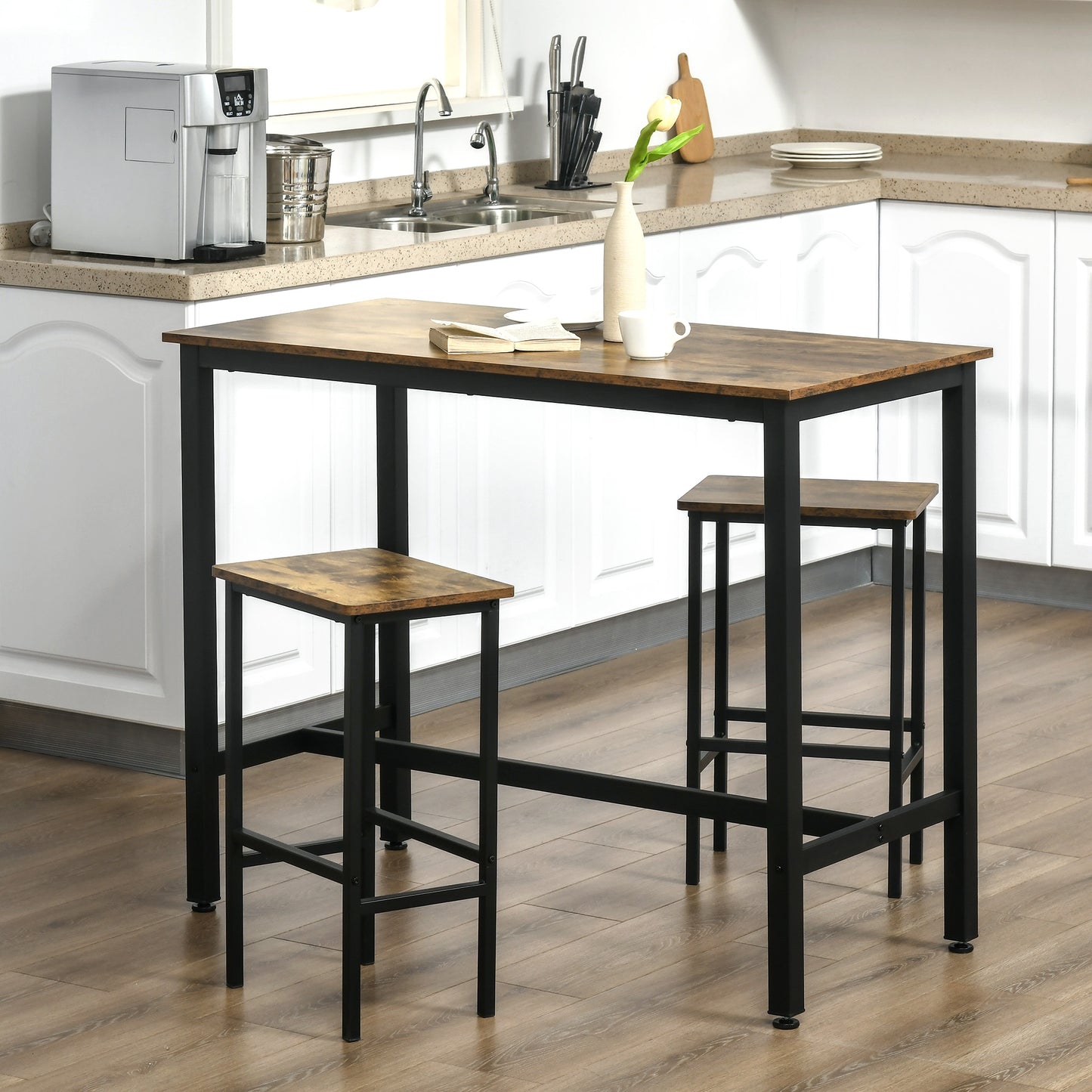 Nofi Metal And Wood Rustic Brown 3 Piece Bar Dining Set With 2 Stools