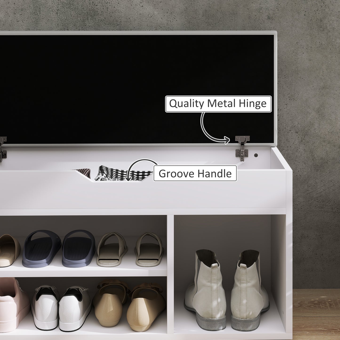 Zima Wooden White Shoe Storage Bench With Hidden Compartment And Grey Padded Seat