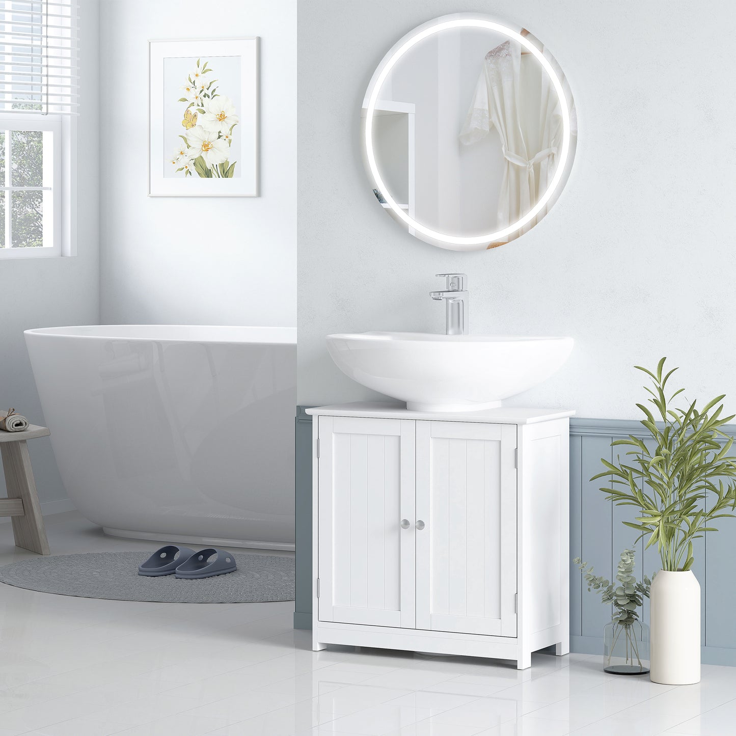 Fabka White Under Sink Vanity Cupboard With Double Doors And Adjustable Shelving For Fauxdestal Or OFauxn Basin