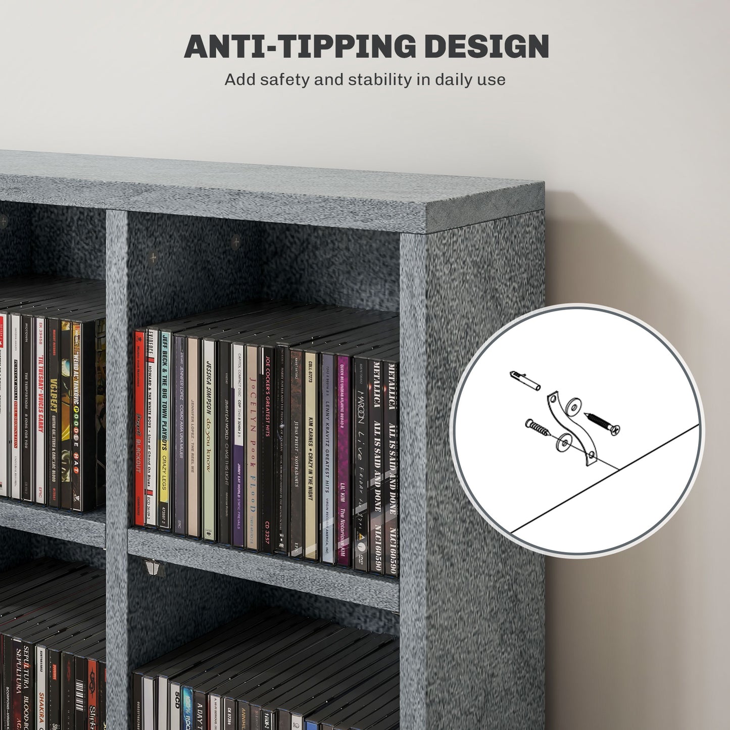 Kavilu Wood Cement Grey CD Storage Cabinet With Adjustable Shelves 89 x 130.5 cm