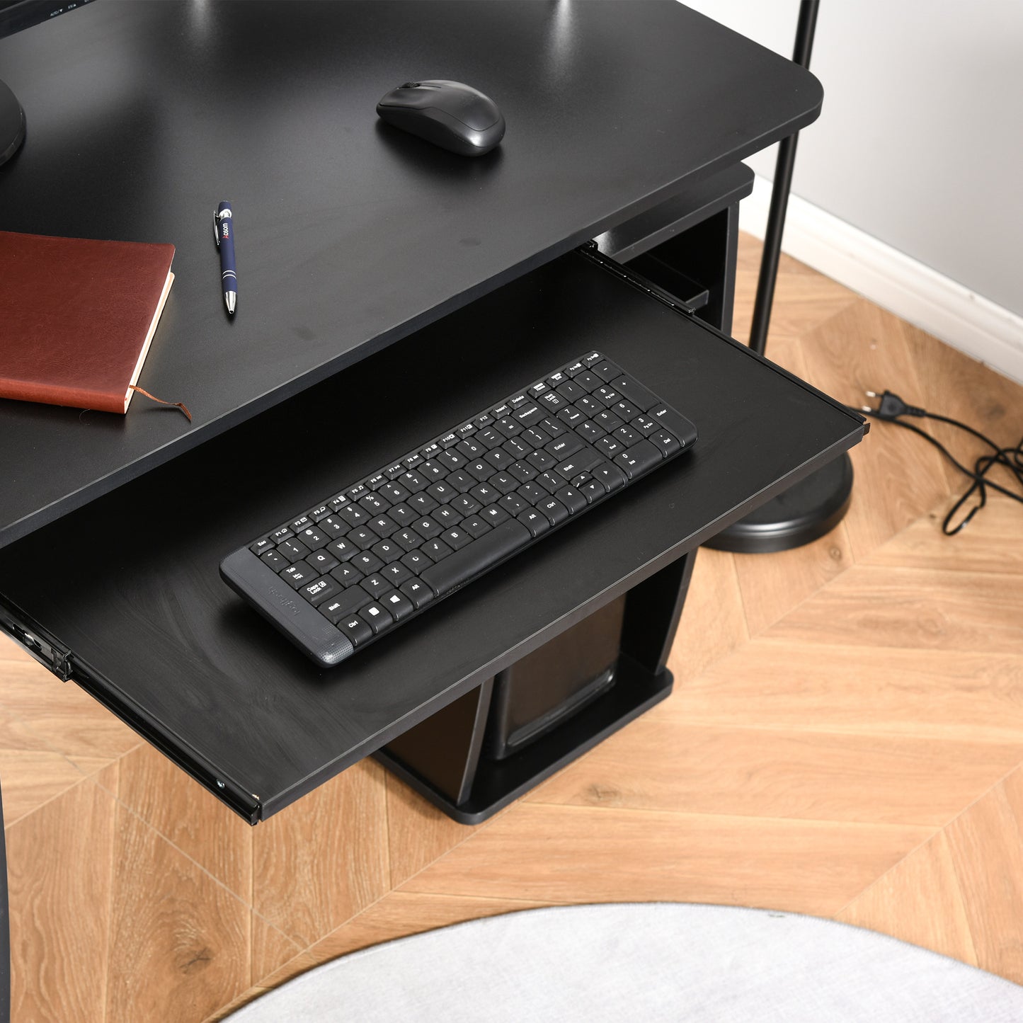 Domofi 120cm Wooden Black Computer Desk With Sliding Keyboard Tray Shelves And Drawers