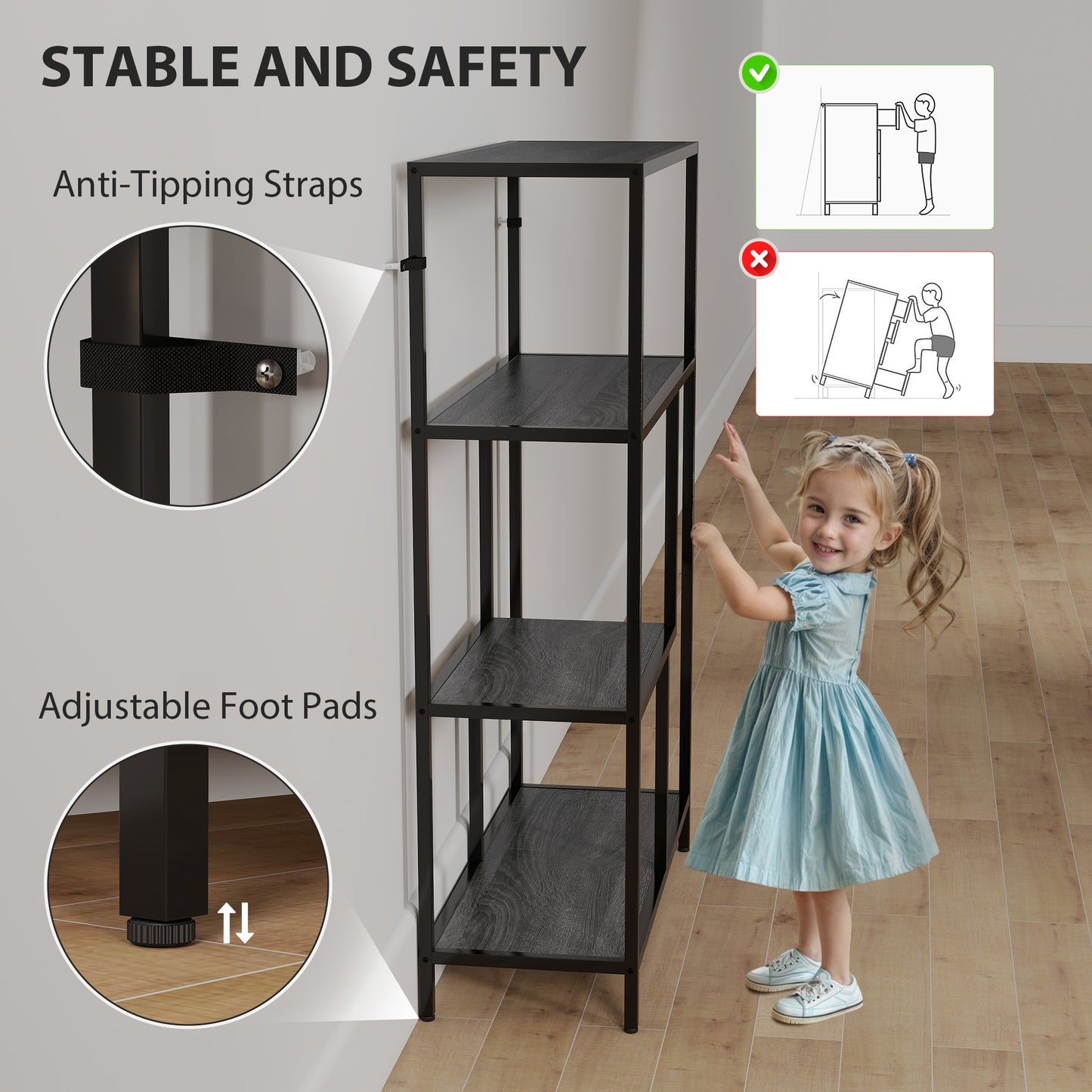 Risudo Wood Charcoal Grey 4 Tier Bookcase With OFauxn Shelving