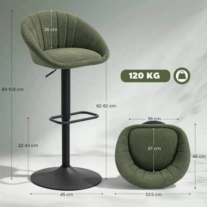 Spetti Fabric Dark Green Relaxed Tub Bar Stools Set Of 2 With Curved Seat