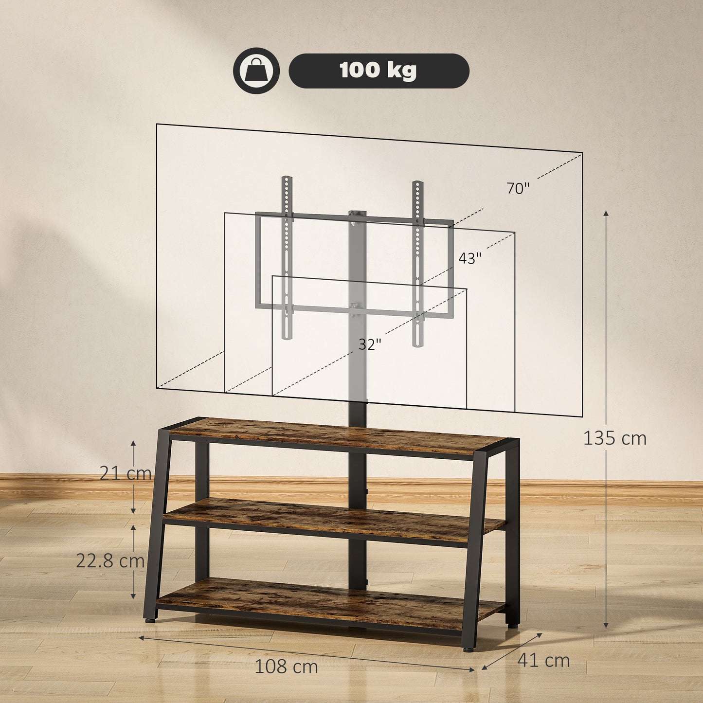 Avaden Dark Brown Industrial TV Stand With 35 Degree Swivel Mount