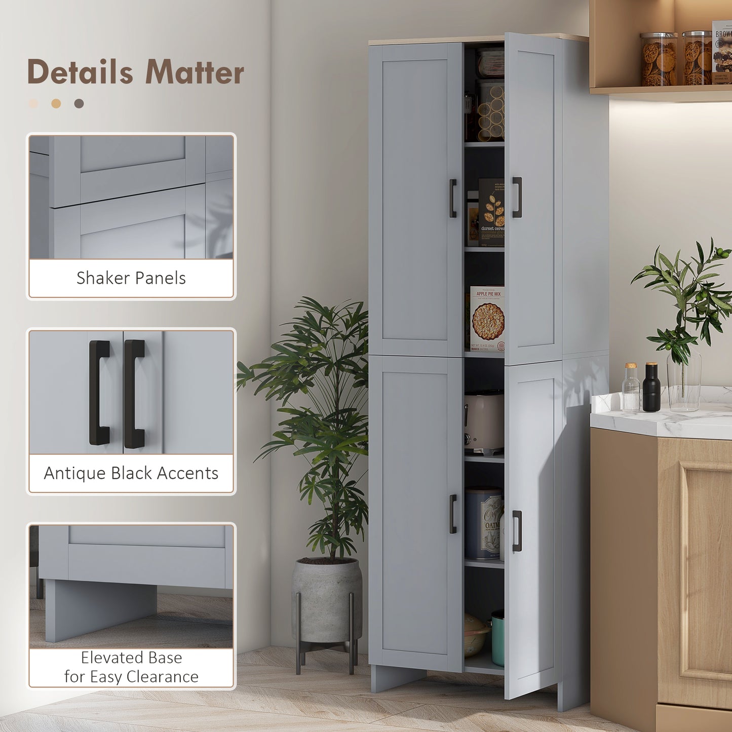Keketa 171cm Wooden Grey 4 Door Modern Kitchen Pantry Cabinet