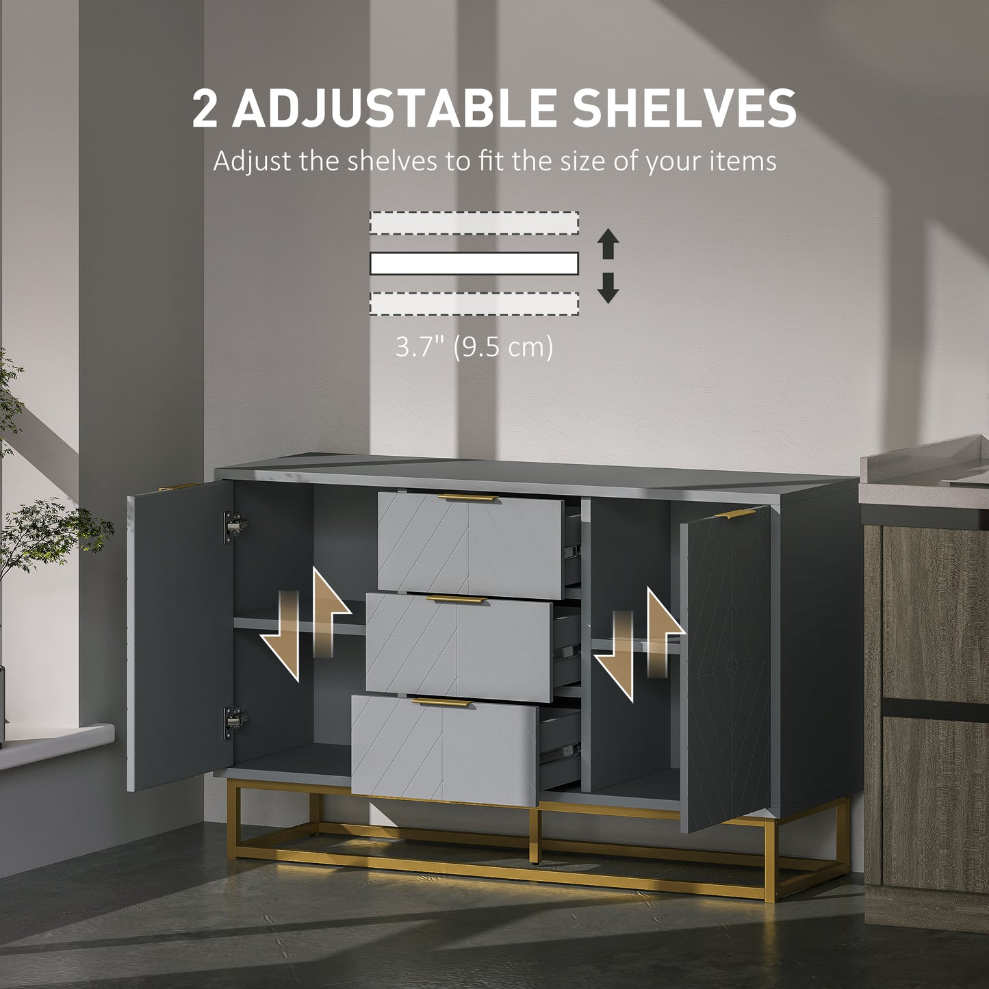 Veli Grey Sideboard With 3 Drawers 2 Doors 2 Sehelves
