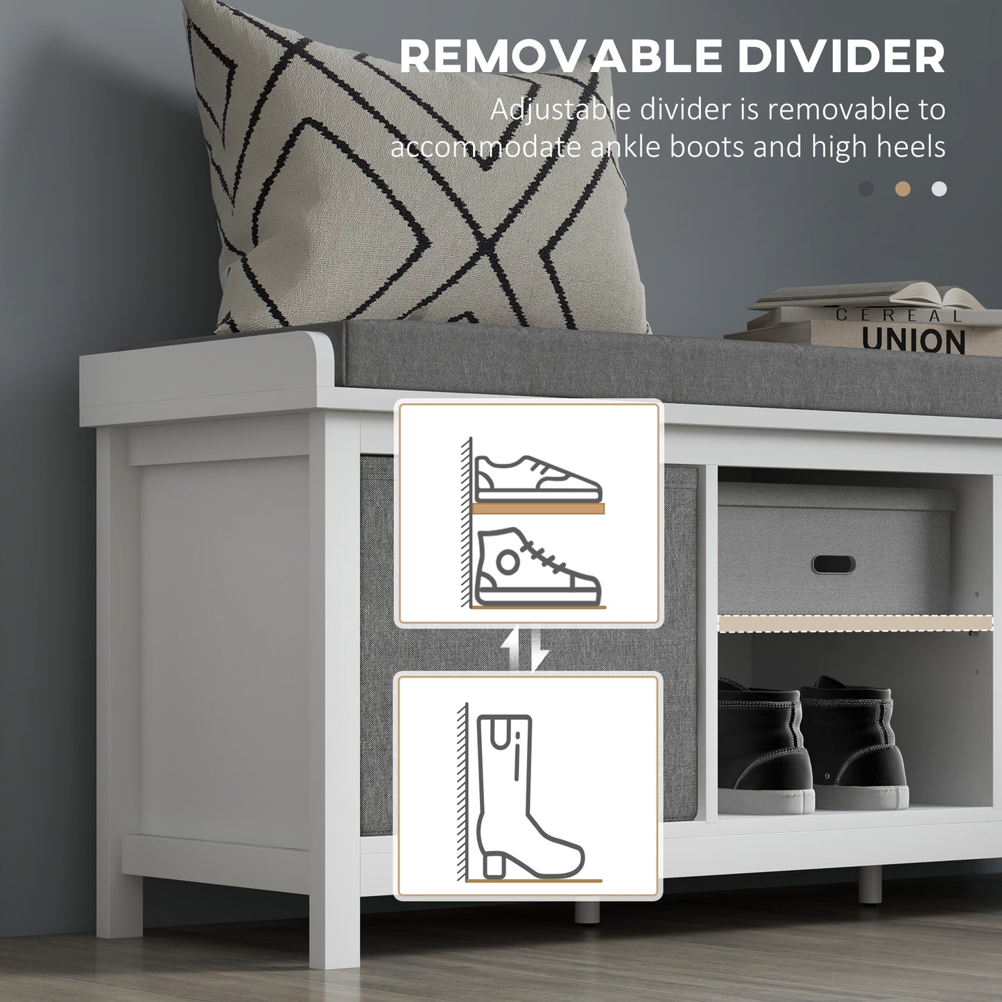 Keso Wooden White And Grey Shoe Storage Bench With Cushioned Seat