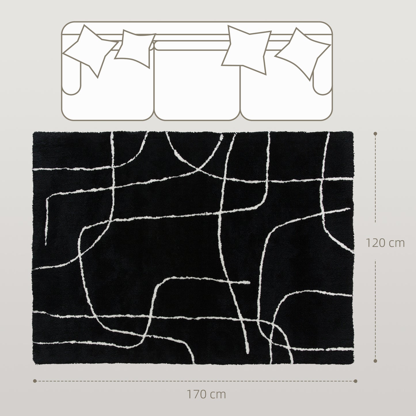 Eldi Black and White Fluffy High Pile Geometric Rug 170 x 120cm