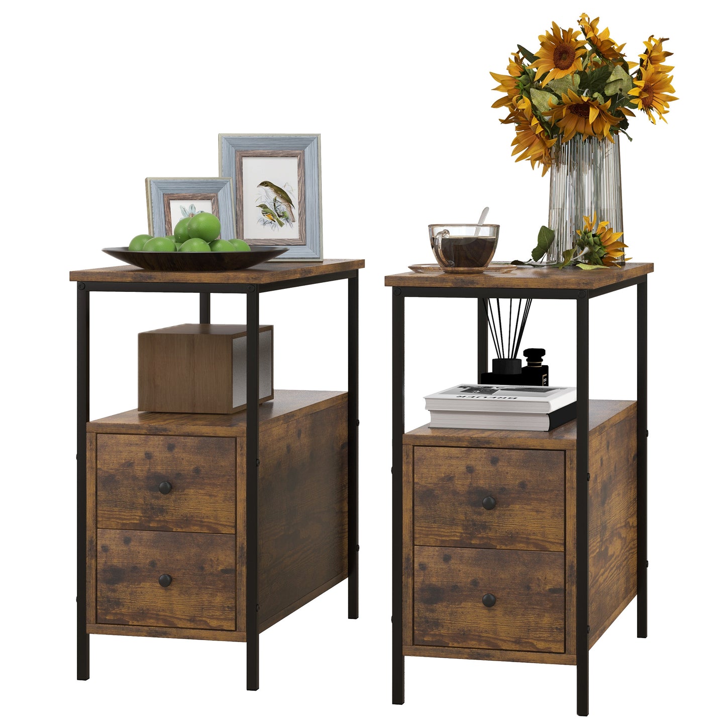 Mirayo Set Of 2 Narrow Industrial Side Tables With 2 Drawers And Shelves Wooden Rustic Brown
