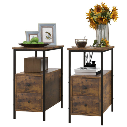 Mirayo Set Of 2 Narrow Industrial Side Tables With 2 Drawers And Shelves Wooden Rustic Brown