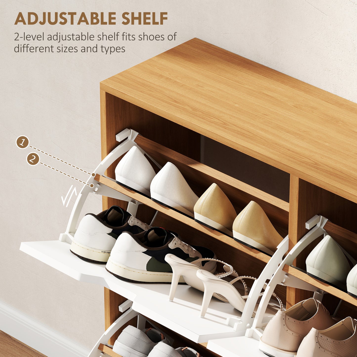 Margarita Wooden Natural  and White Shoe Cabinet With 4 Flip Drawers For 8 To 16 Pairs