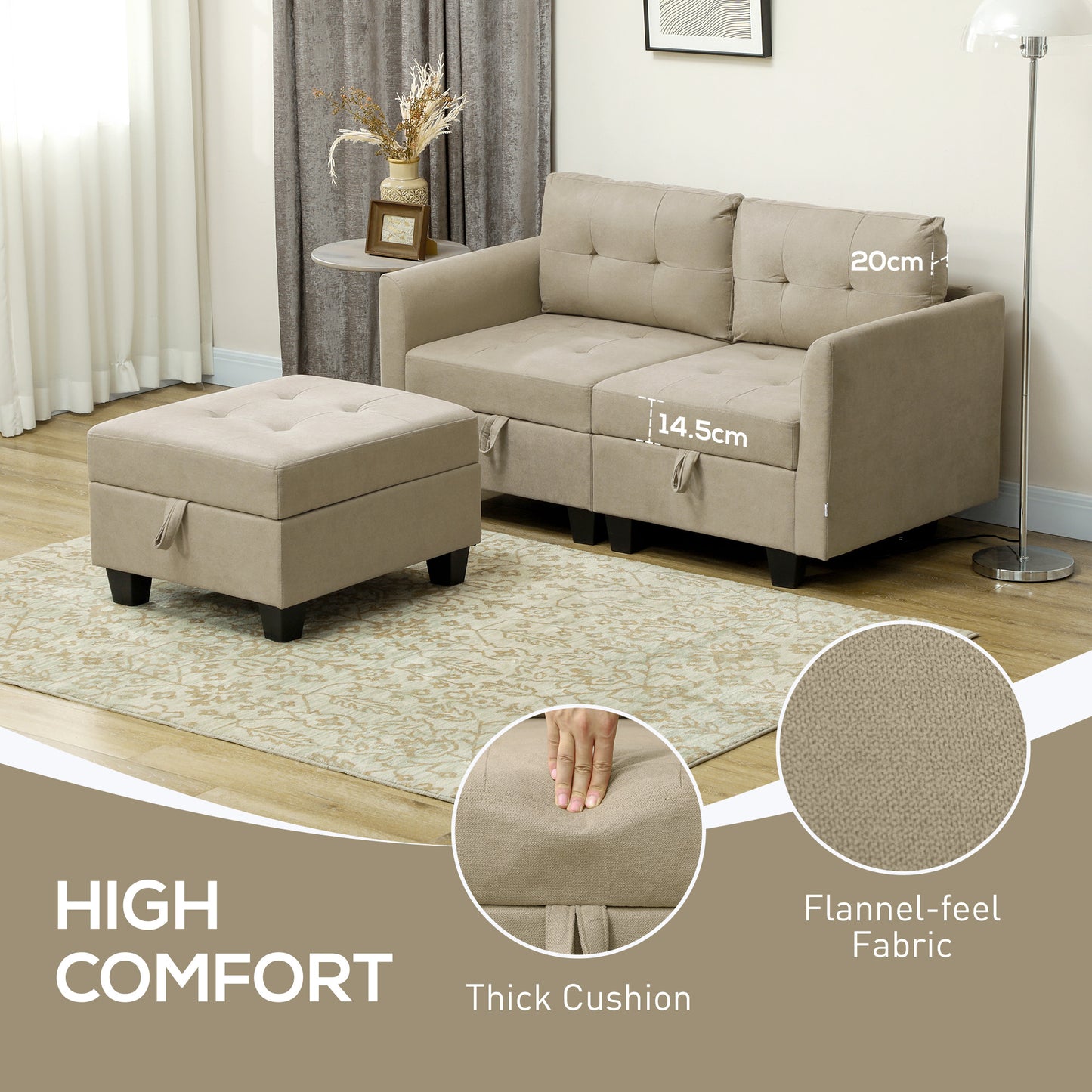 Yokata Light Brown Upholstered Modular L Shaped Sofa With Integrated Storage