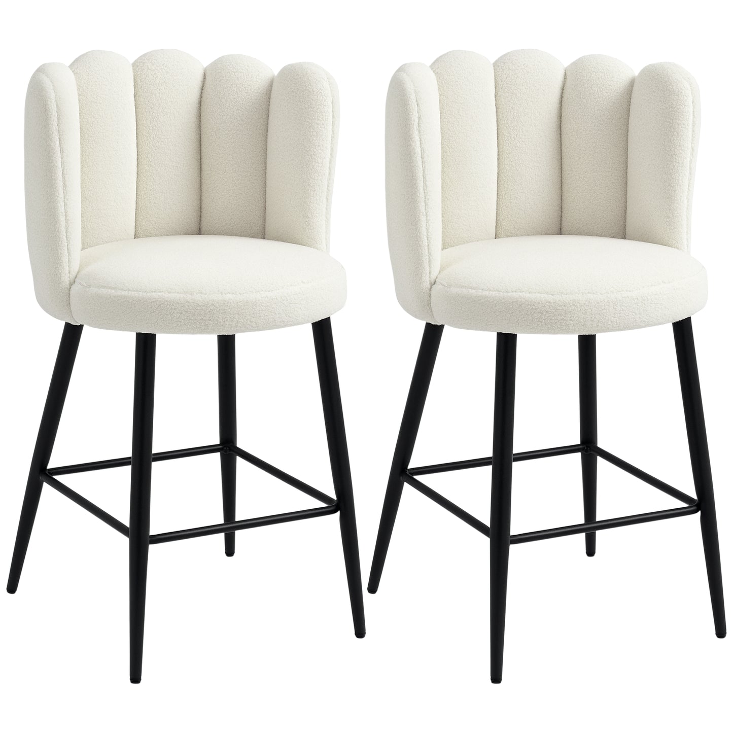 Ettine Scallop Boucle Cream Upholstered Bar Stools Set Of 2 With Steel Base And Footrest