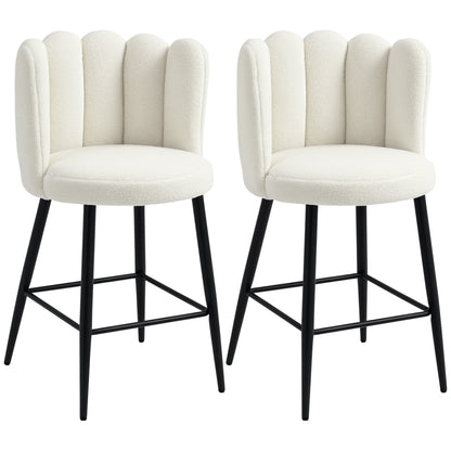 Ettine Scallop Boucle Cream Upholstered Bar Stools Set Of 2 With Steel Base And Footrest