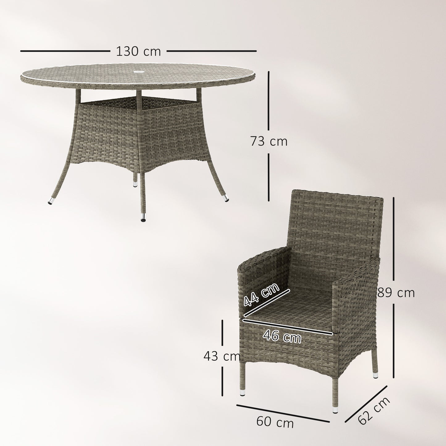 Vetane Rattan Light Grey 6 Seatear Garden Dining Set With Round Glass Top Table