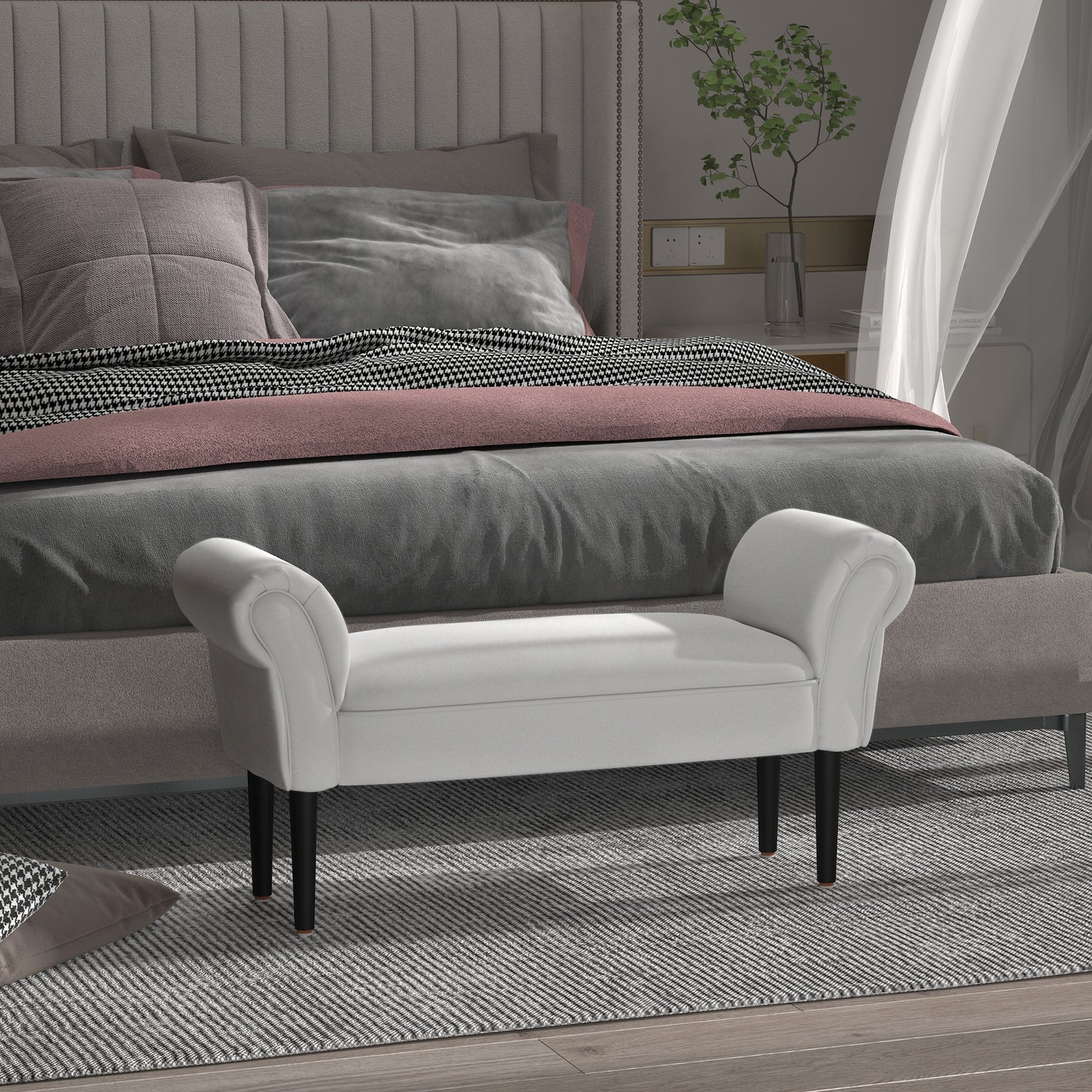Rosomi  Cream Upholstered Mid Century Entryway Bench With Armrests And Wooden Legs