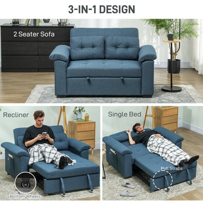 Nomo Cori Fabric Blue 2 Seater Click Clack Sofa Bed With Side Pockets And Cushions