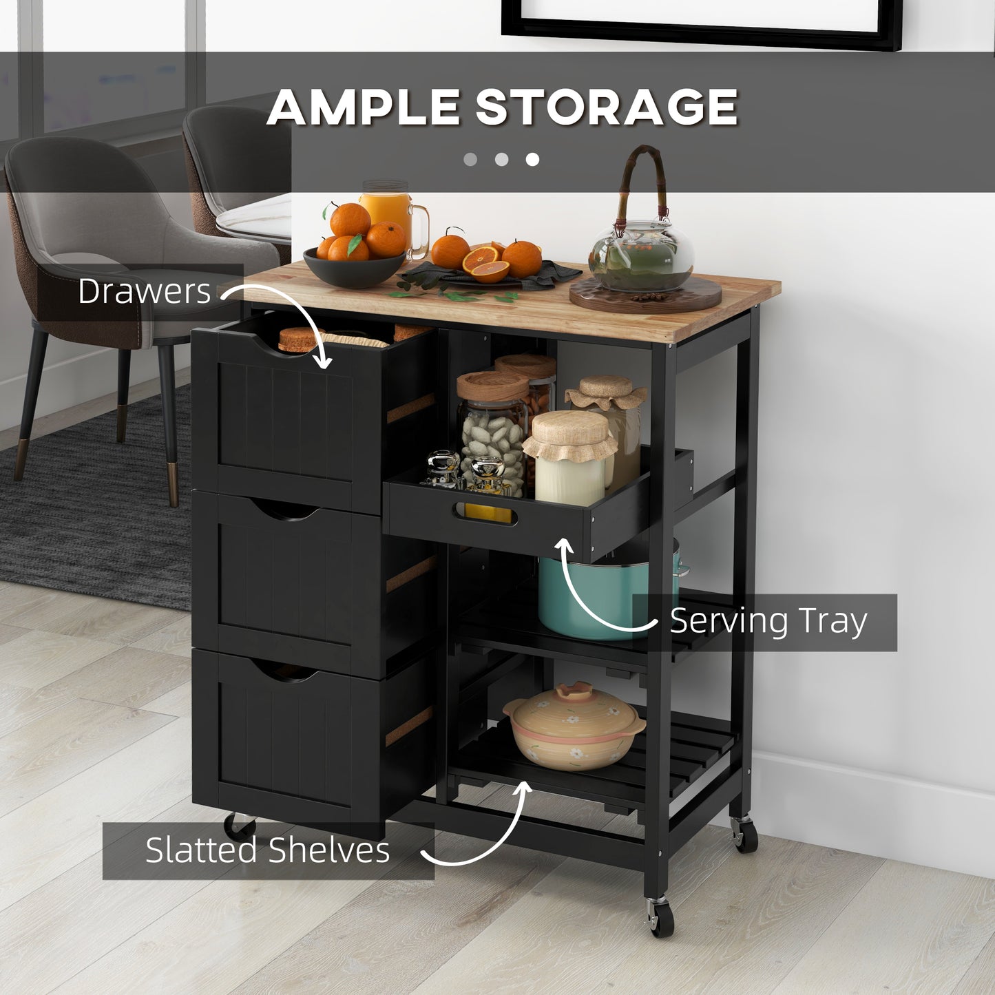 Tovafi Wooden Black Compact Rolling Kitchen Island With Wood Top Shelves And Drawers