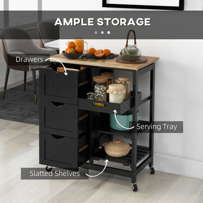 Tovafi Wooden Black Compact Rolling Kitchen Island With Wood Top Shelves And Drawers