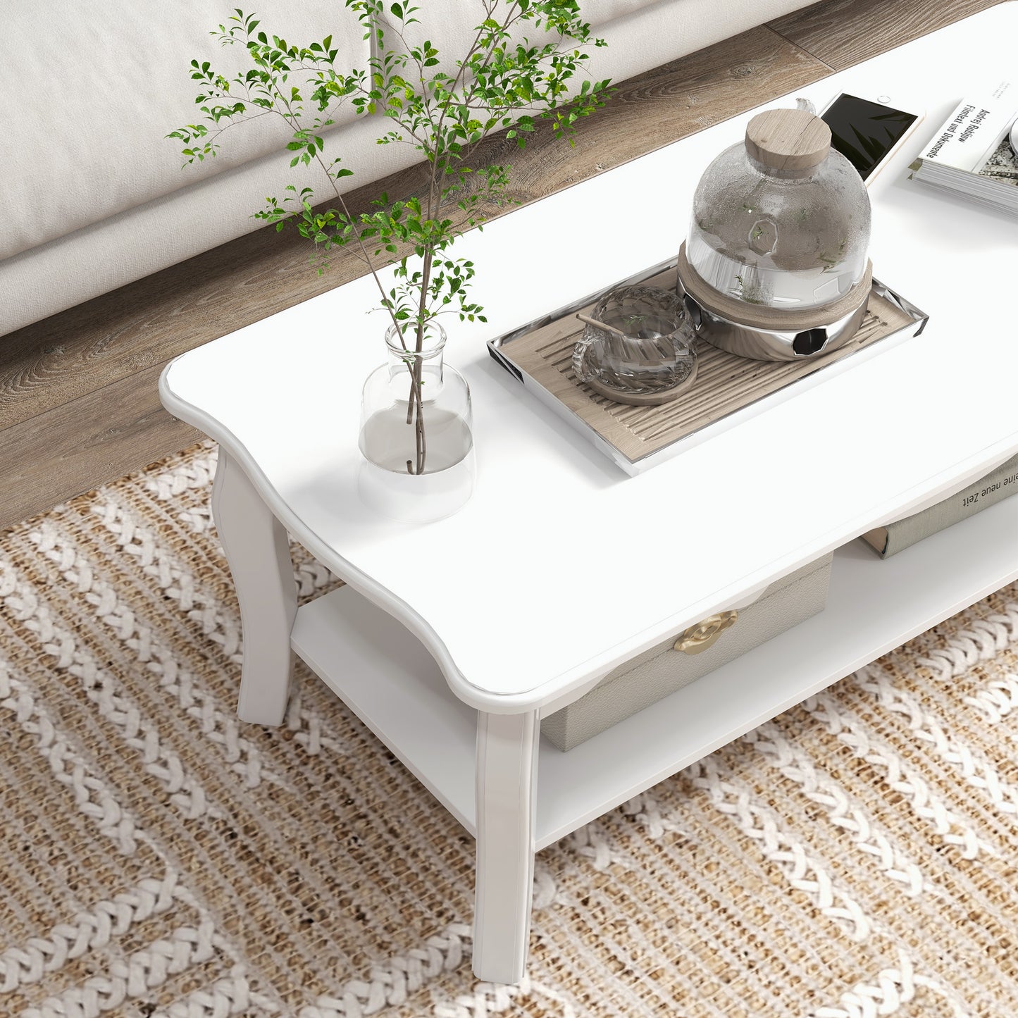 Noketa Wooden White Rectangular Mid Century Coffee Table With Storage Shelf
