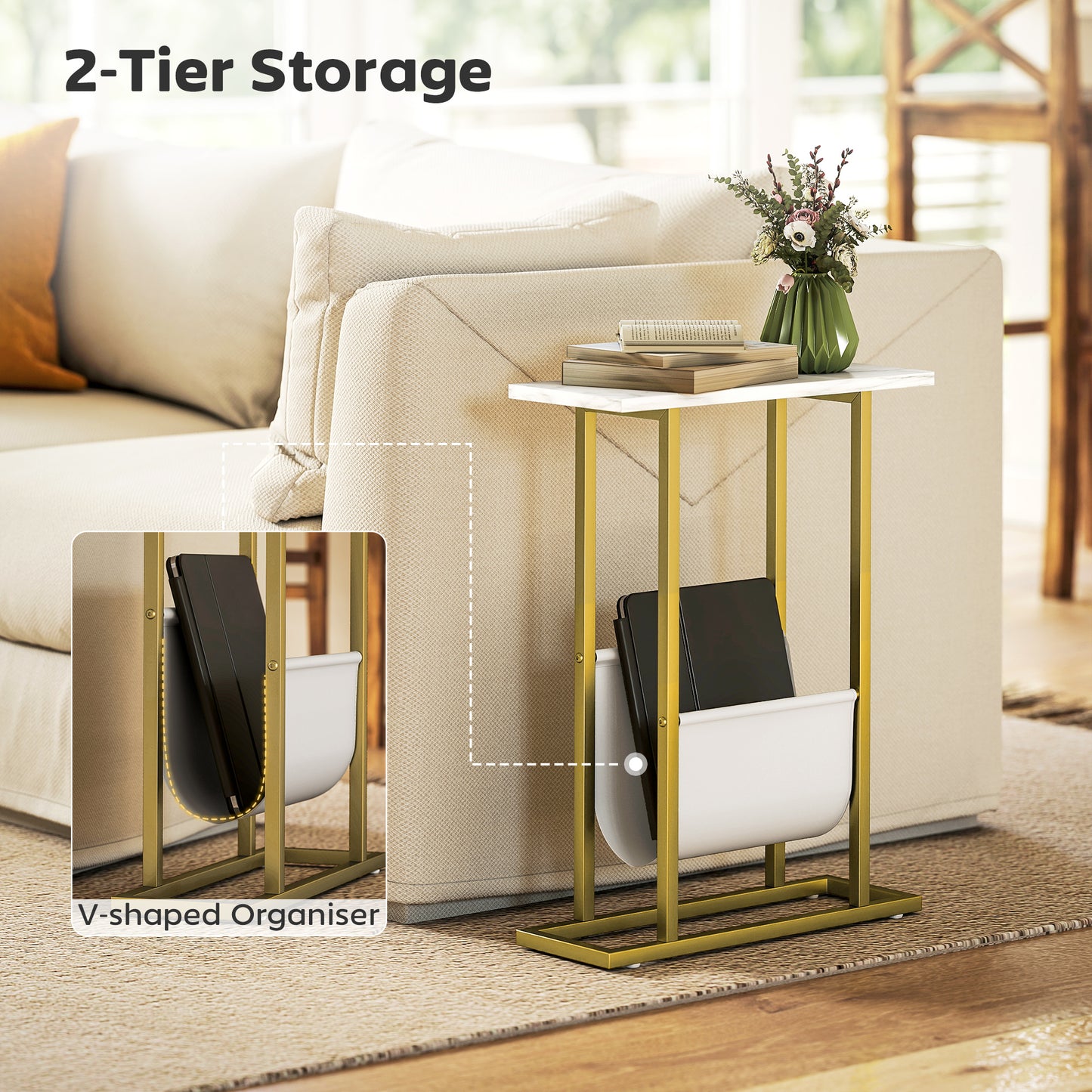 Vanozi Wooden White Marble Grain Slim Side Table With Magazine Holder For Small Spaces
