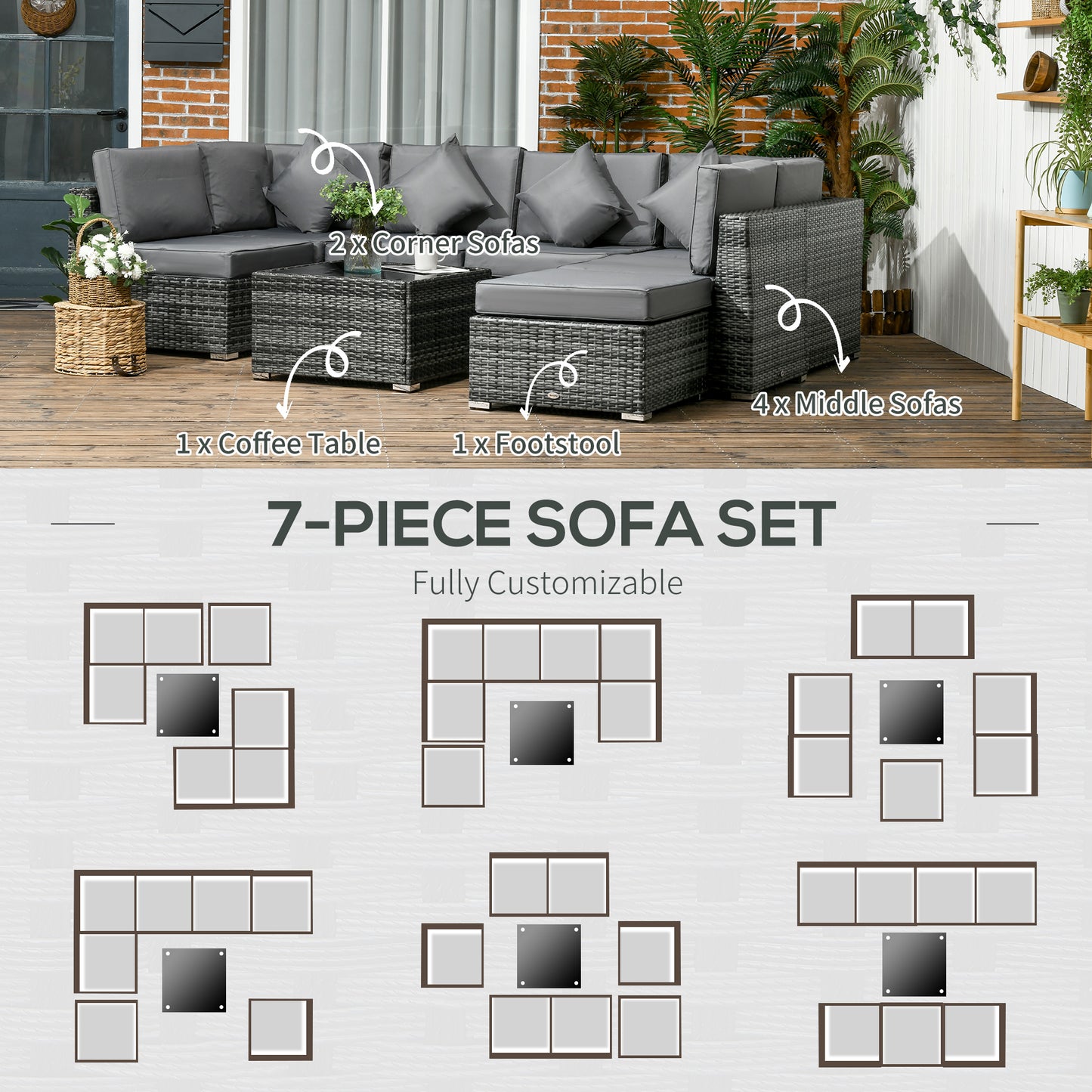 Rero Rattan Grey 5 Seater Corner Sofa Set With Glass Table