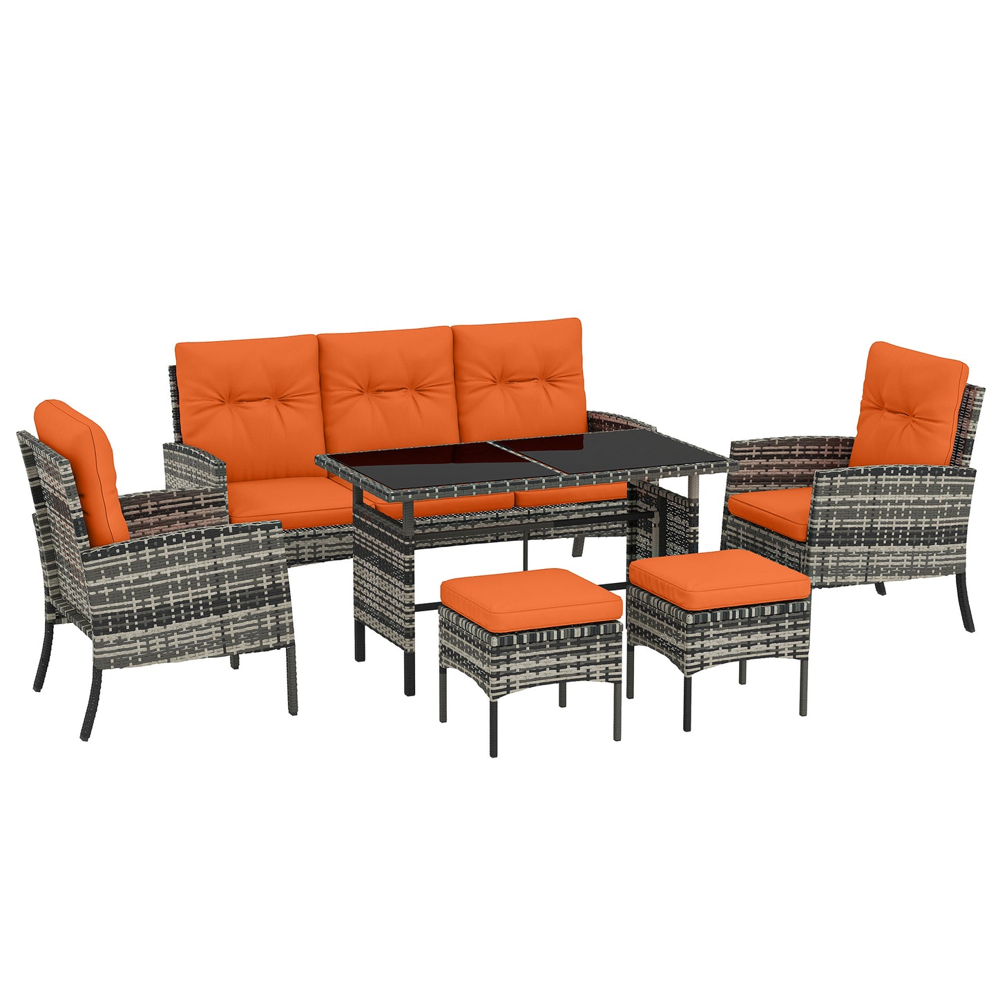 Lodori Grey Rattan 7 Seater Outdoor Dining Set with Orange Cushions And Table