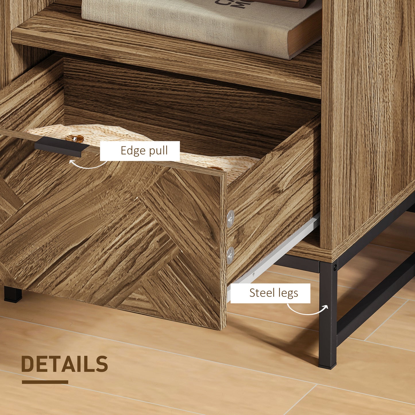 Kazi Brown Wood Effect Bedside Table With Drawer Shelf And Steel Legs
