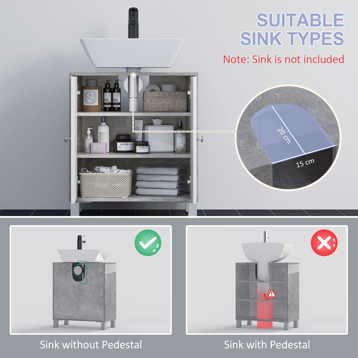 Lisa Keco Under Sink Vanity Storage Cabinet With Adjustable Shelves In White And Grey