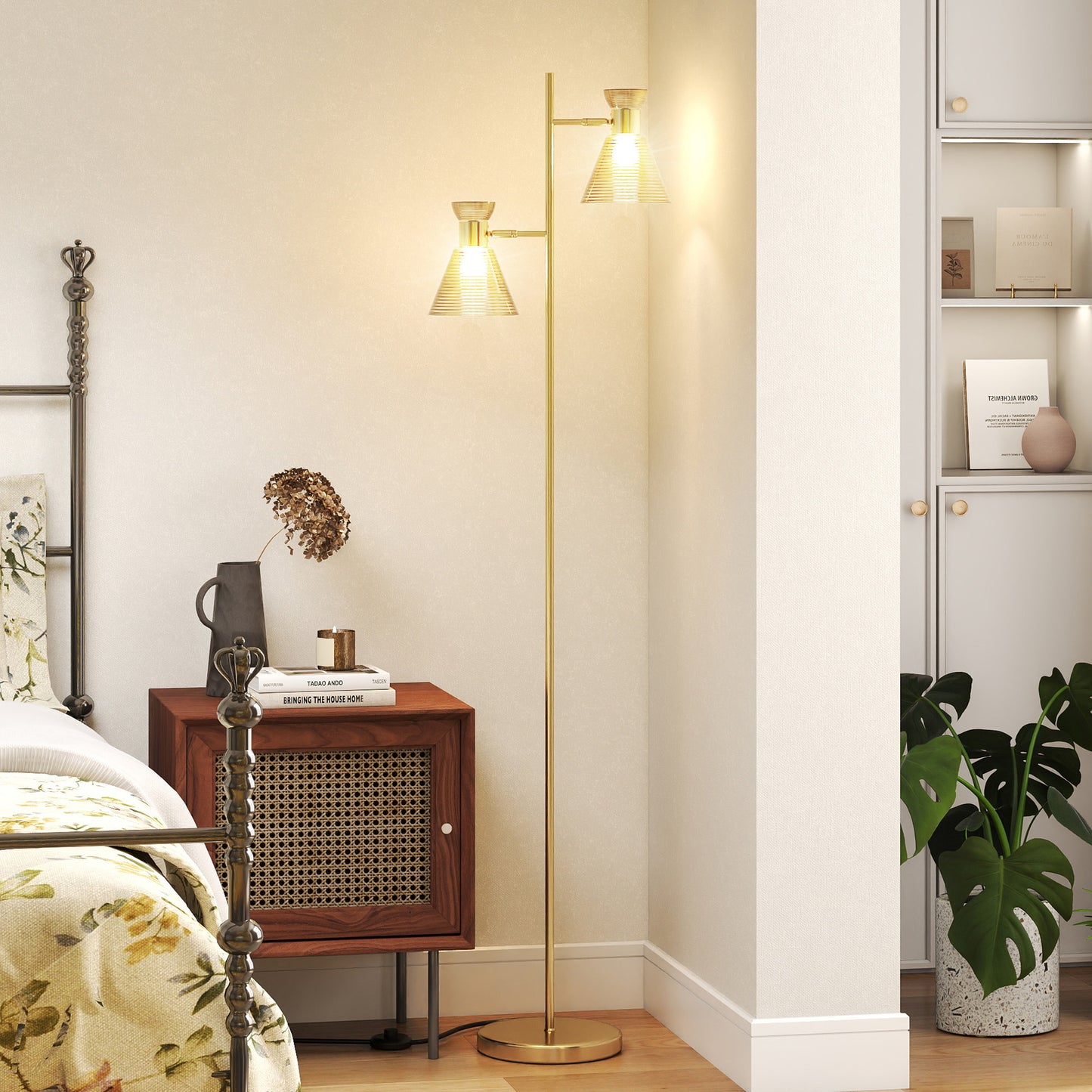 Luno Metal Gold Tone Dual Head Floor Lamp With Ribbed Glass Shades And Foot Switch